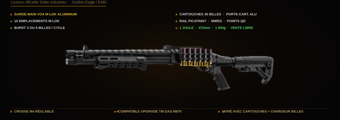 Réplique airsoft fusil à pompe M870 Gaz de Strike industrie et Golden Eagle